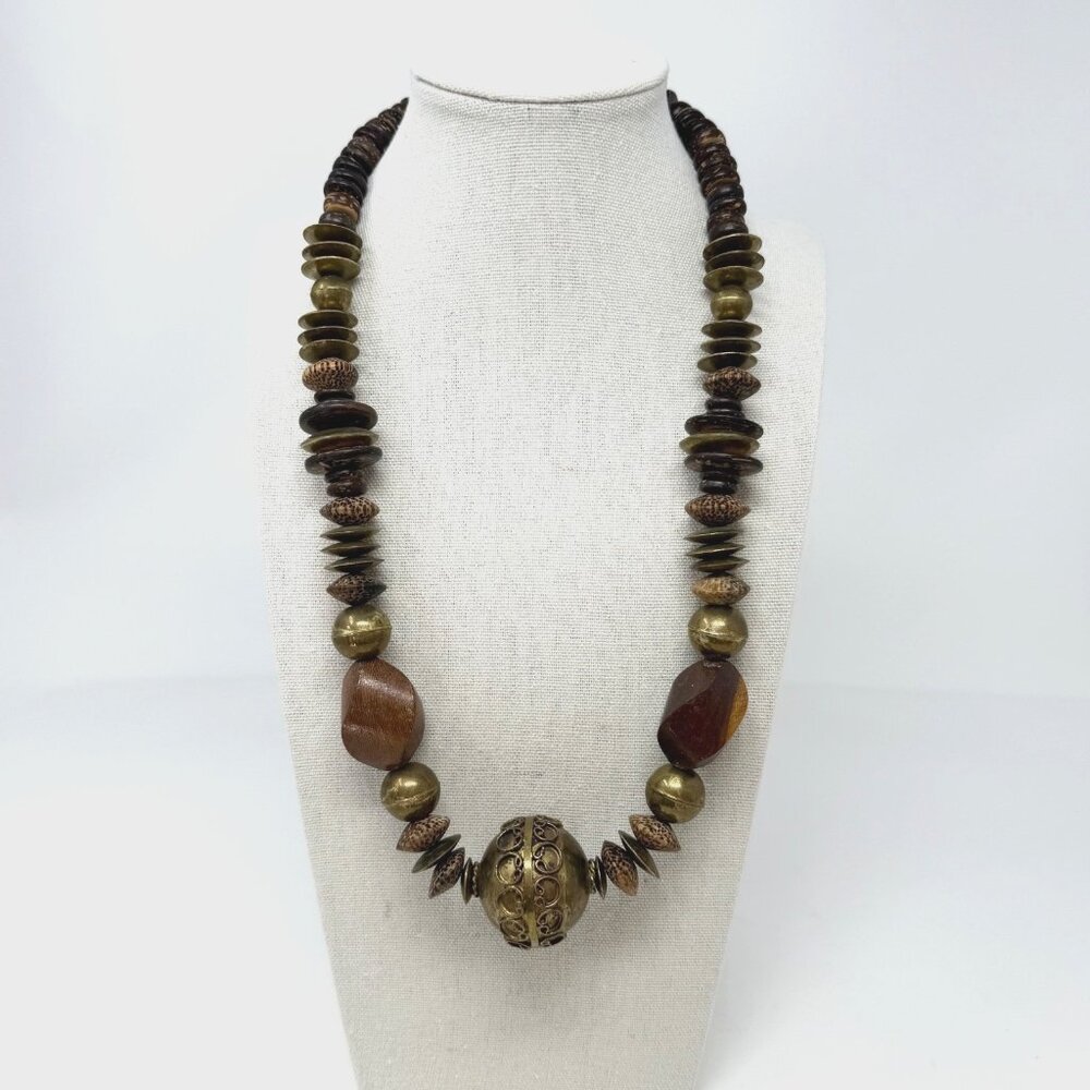 Vintage Chunky Wood and Brass Beaded Statement Necklace Boho Hippie